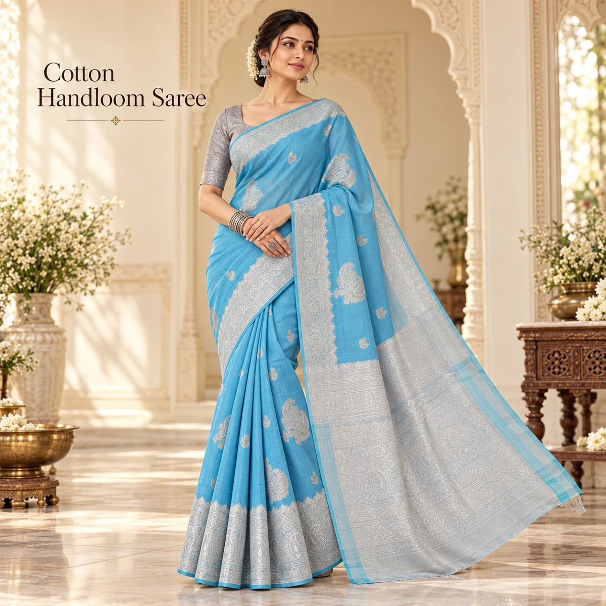 Sky-Blue Handloom Saree