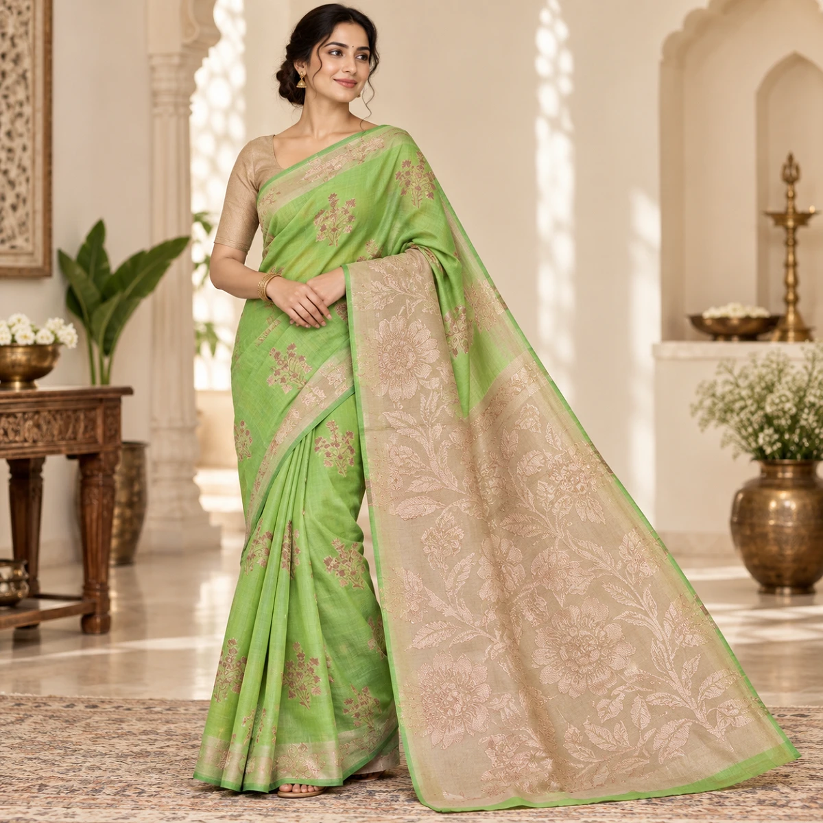 Lime green floral handloom saree