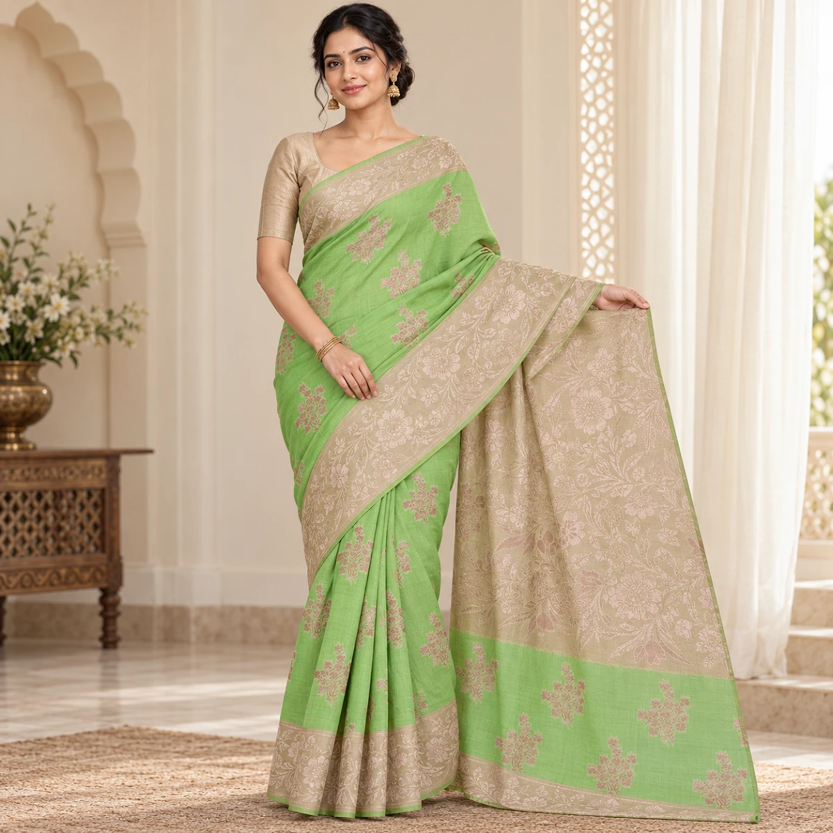 Lime green floral handloom saree