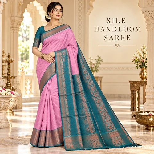 Pink and Teal Handloom Saree