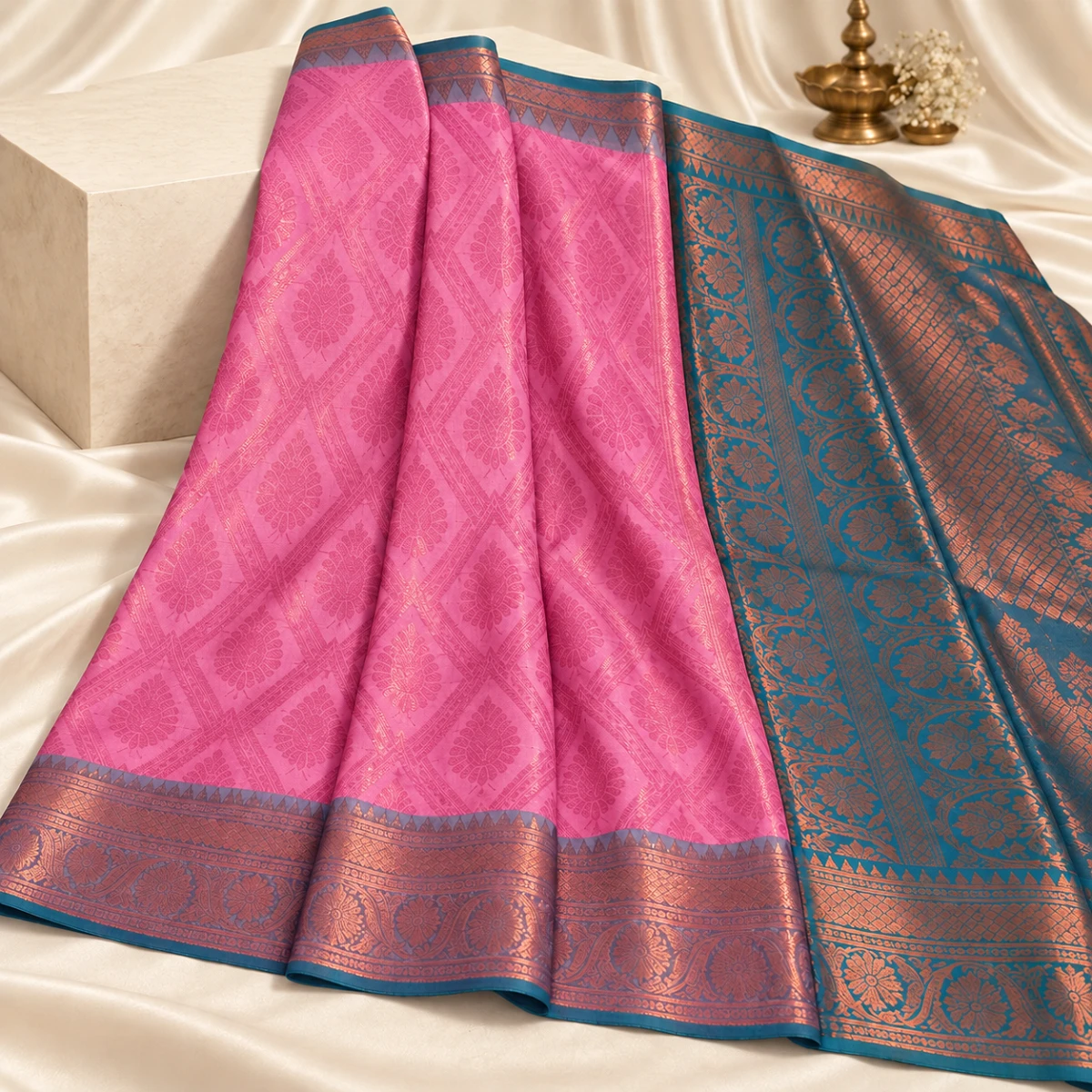 Pink and Teal Handloom Saree