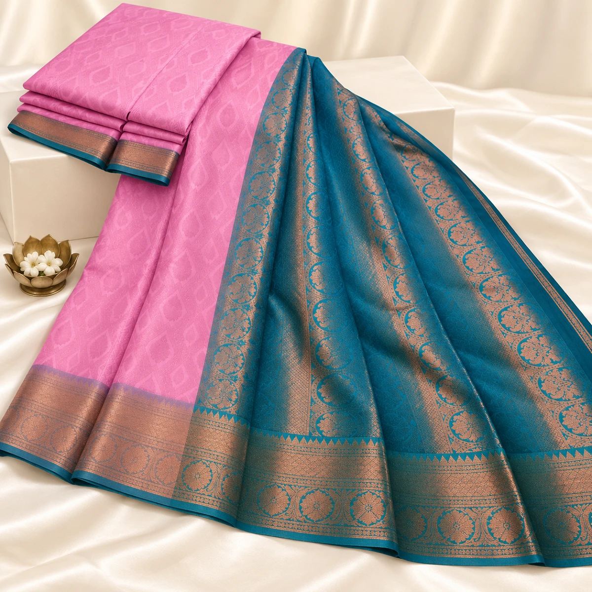Pink and Teal Handloom Saree