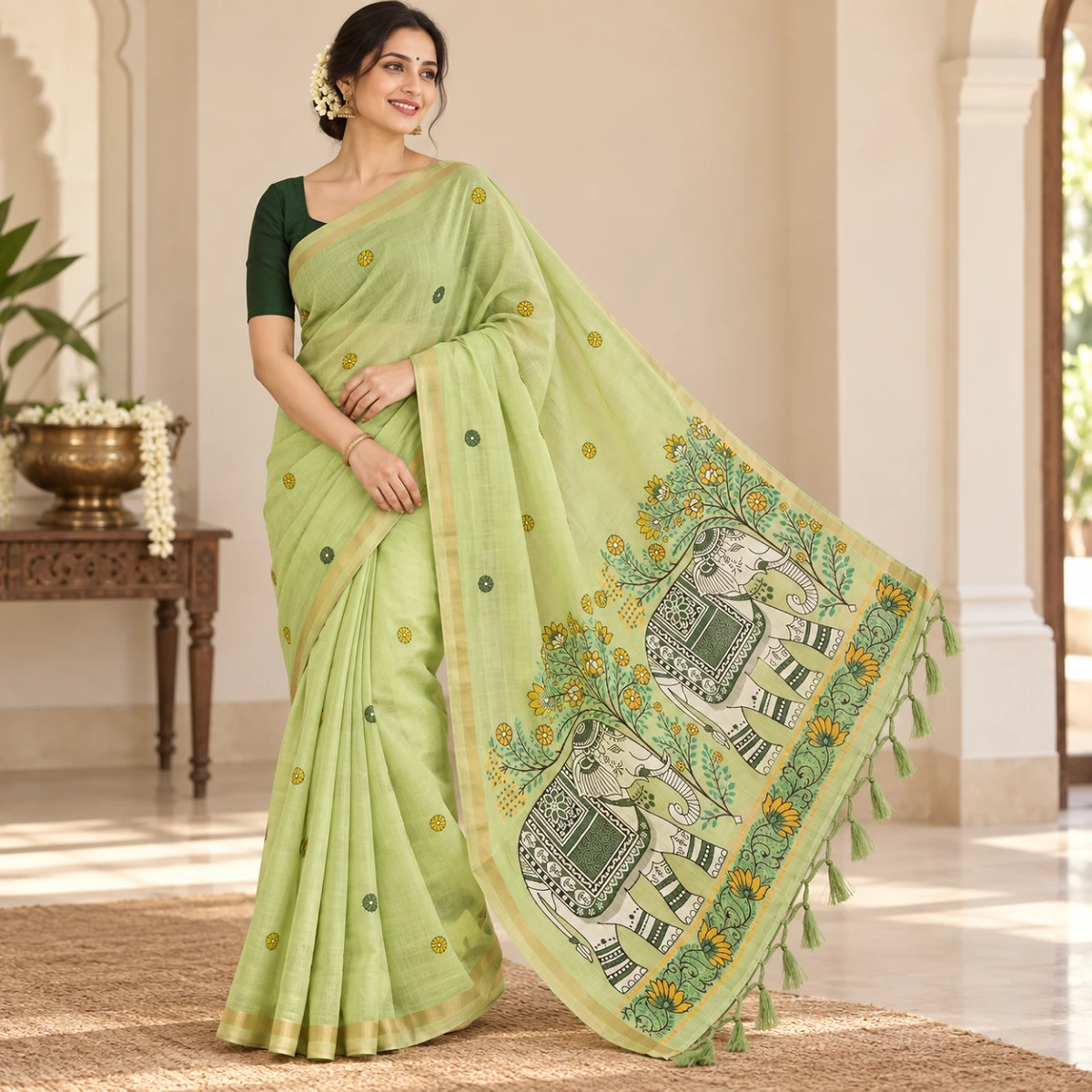 Pistachio Handloom Saree with Twin Elephants