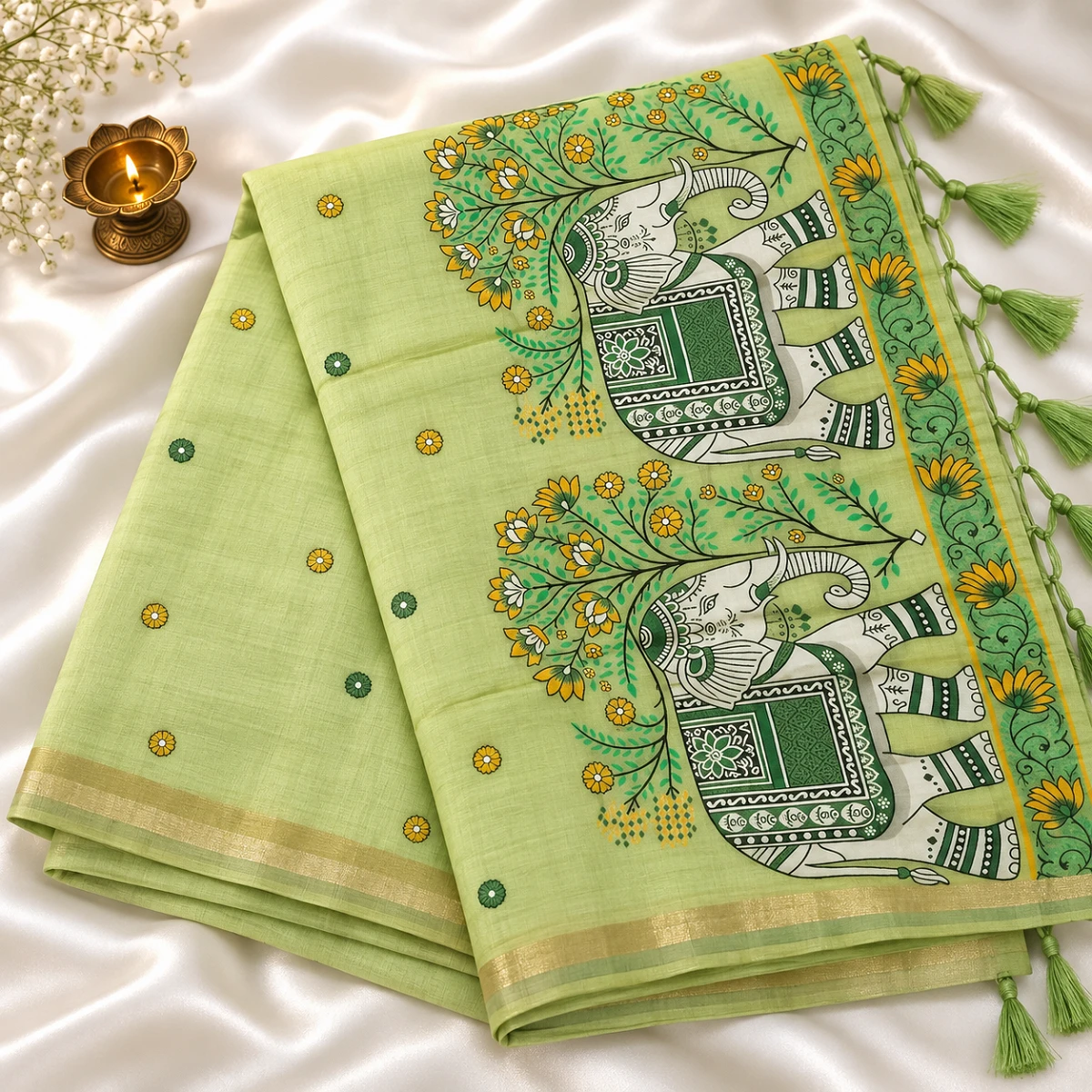 Pistachio Handloom Saree with Twin Elephants