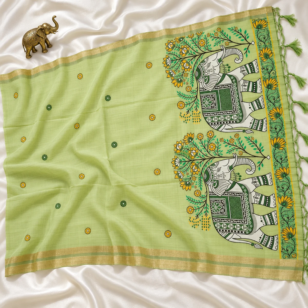 Pistachio Handloom Saree with Twin Elephants