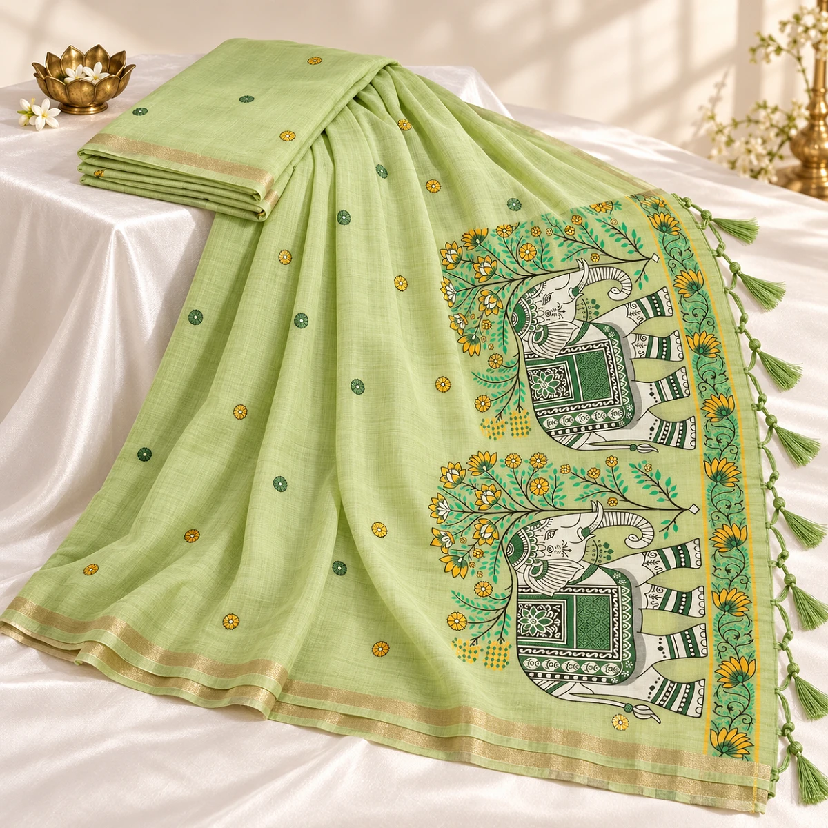 Pistachio Handloom Saree with Twin Elephants