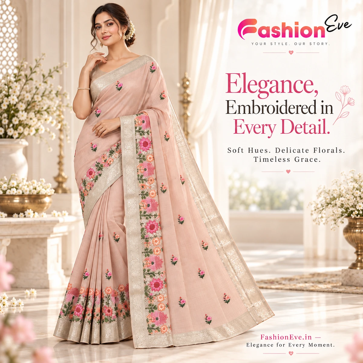 Blush Peach Embroidered Saree