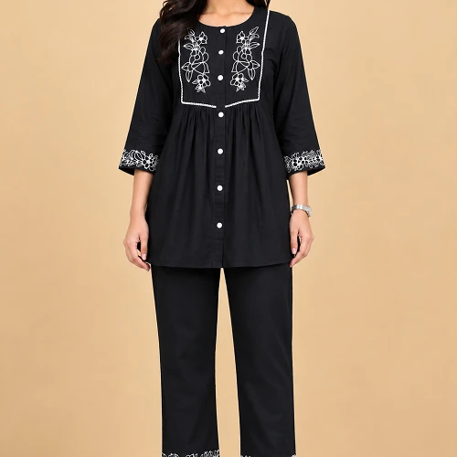 Women’s Black Embroidered Kurti & Pant Co-Ord Set with Floral White Thread Work, Front Button Closure