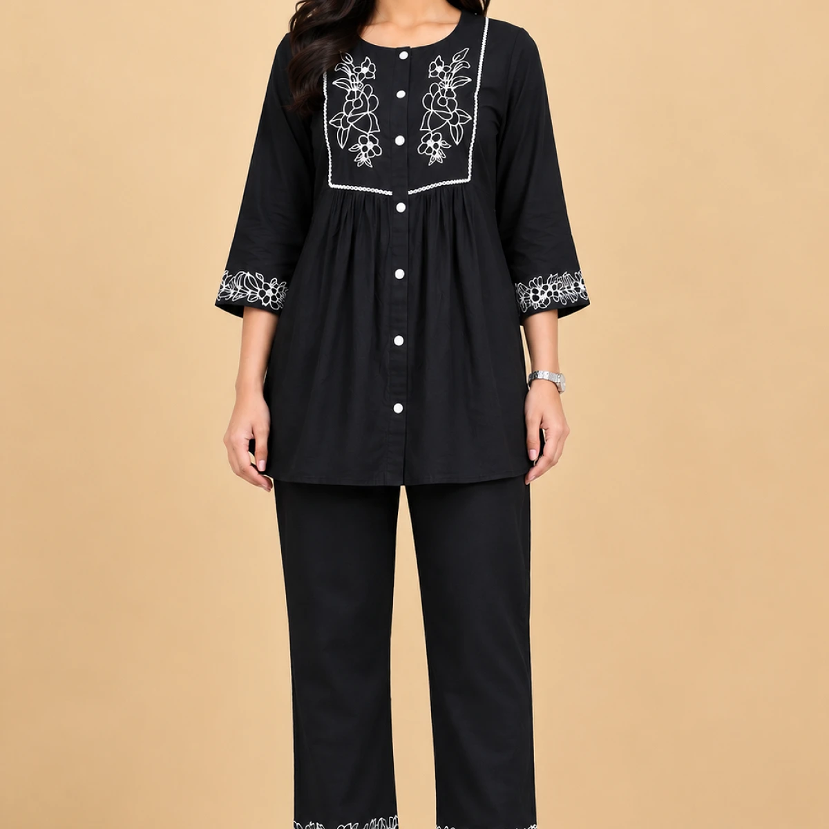 Women’s Black Embroidered Kurti & Pant Co-Ord Set with Floral White Thread Work, Front Button Closure