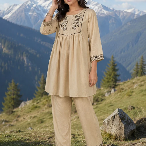 Women’s Chiku Beige Embroidered Kurti Pant Set with Floral Thread Work, Round Neck & 3/4 Sleeves