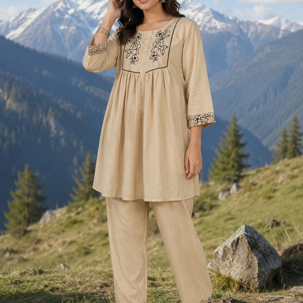 Women’s Chiku Beige Embroidered Kurti Pant Set with Floral Thread Work, Round Neck & 3/4 Sleeves
