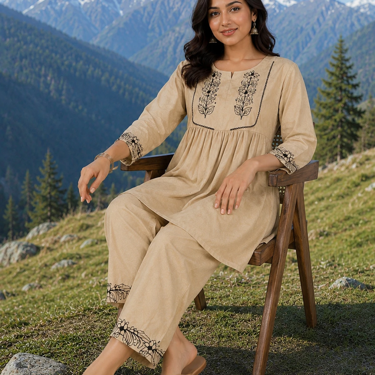 Women’s Chiku Beige Embroidered Kurti Pant Set with Floral Thread Work, Round Neck & 3/4 Sleeves