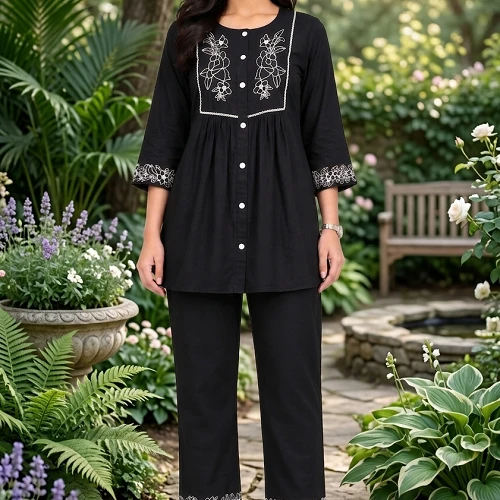 Women’s Black Embroidered Kurti Pant Set | 3/4 Sleeve Floral Embroidery Straight Kurta with Matching Bottom | Ethnic Casual Wear Set