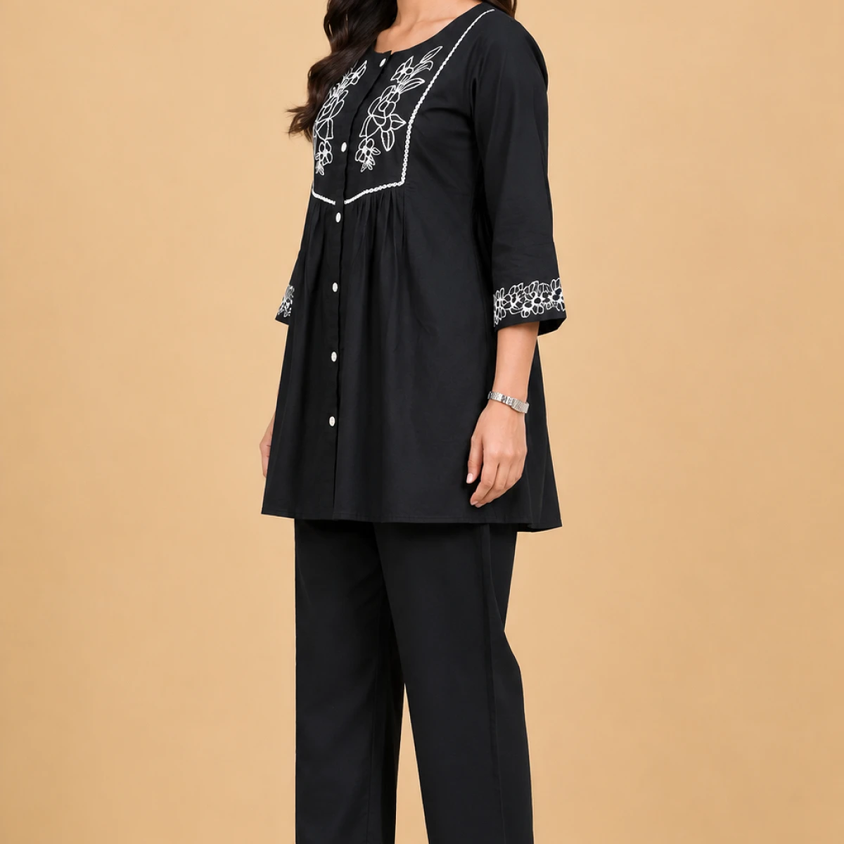 Women’s Black Embroidered Kurti Pant Set | 3/4 Sleeve Floral Embroidery Straight Kurta with Matching Bottom | Ethnic Casual Wear Set