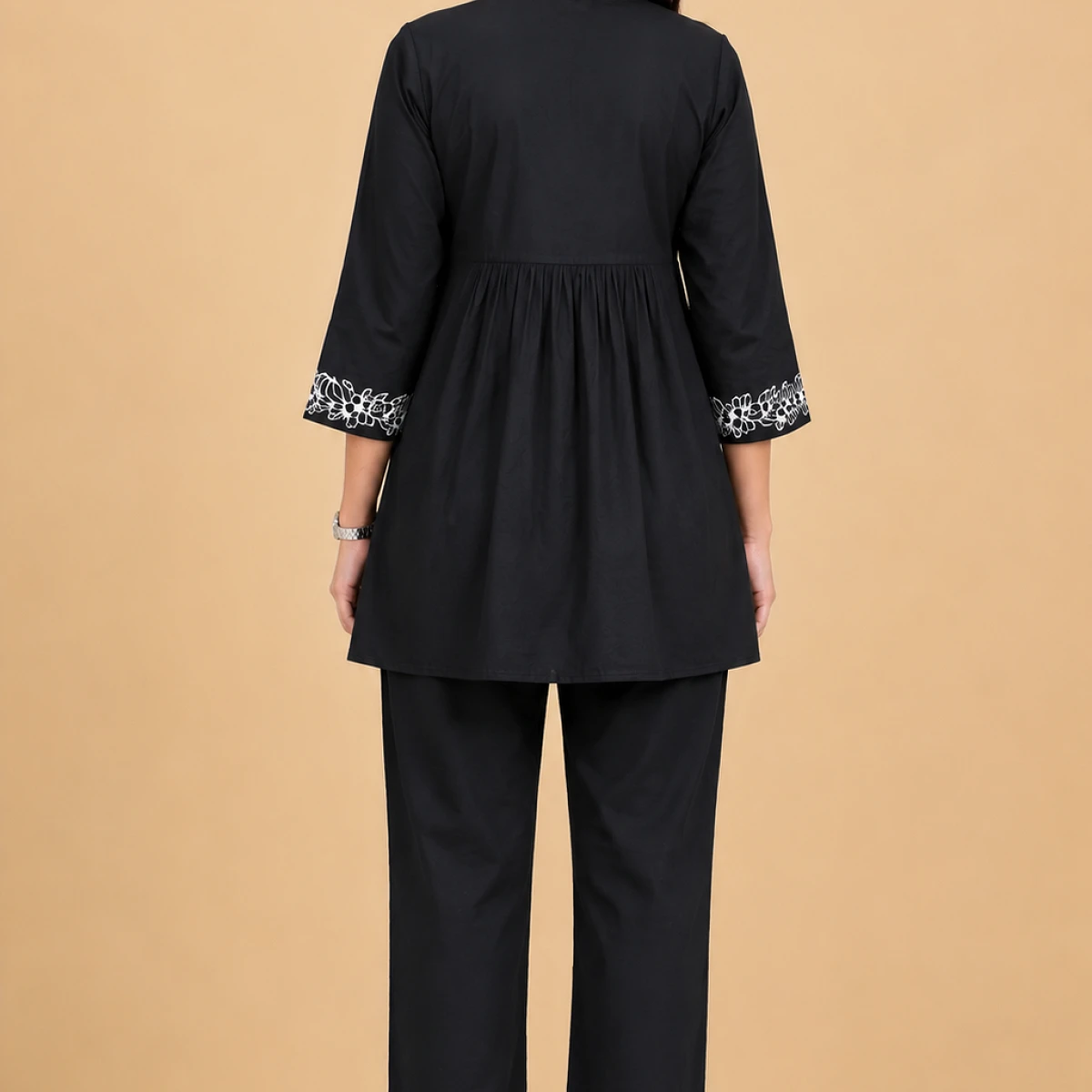Women’s Black Embroidered Kurti Pant Set | 3/4 Sleeve Floral Embroidery Straight Kurta with Matching Bottom | Ethnic Casual Wear Set
