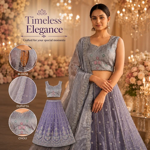Women’s Designer Lavender Grey Heavy Embroidered Anarkali Lehenga Set with Unstitched Blouse Piece and Beautiful Matching Dupatta for Wedding, Festive, Traditional & Party Wear Occasions