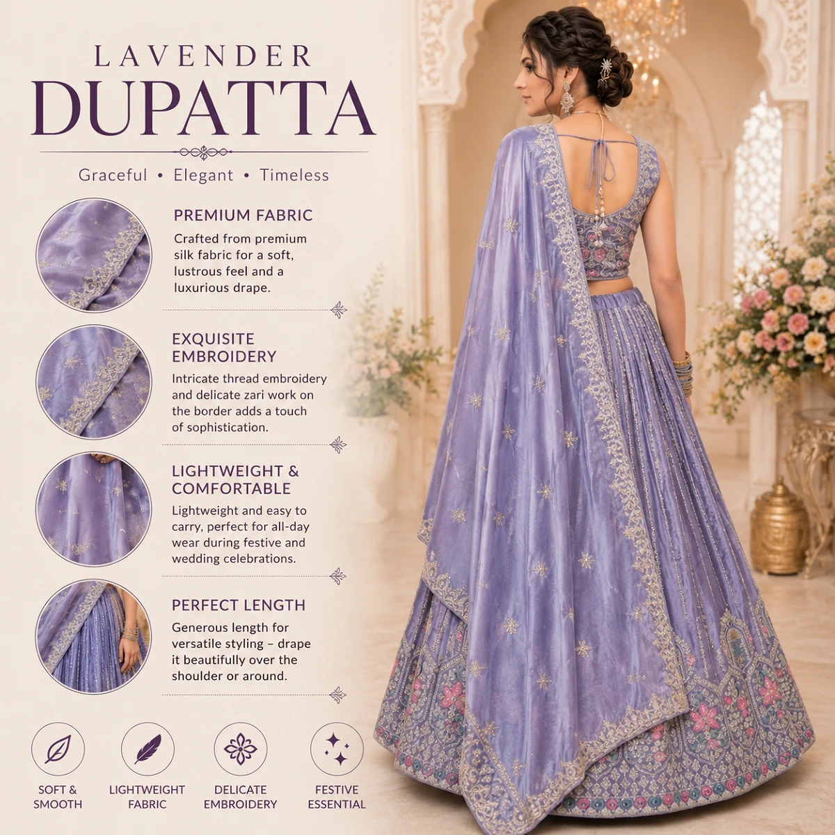 Designer Embroidered Lavender Bridal Lehenga Choli Set with Dupatta & Unstitched Blouse Piece