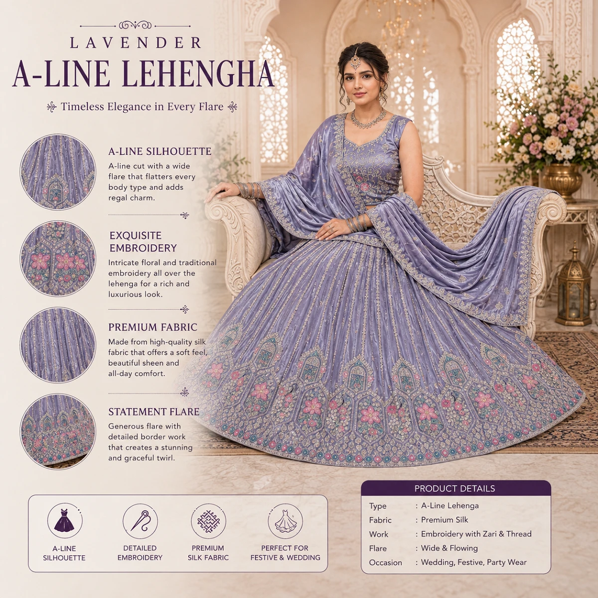 Designer Embroidered Lavender Bridal Lehenga Choli Set with Dupatta & Unstitched Blouse Piece