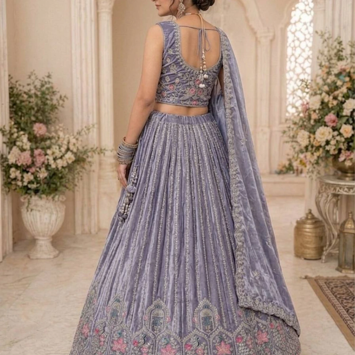 Designer Embroidered Lavender Bridal Lehenga Choli Set with Dupatta & Unstitched Blouse Piece
