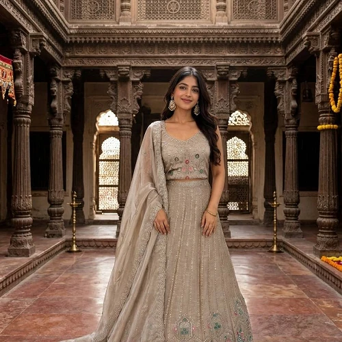 Elegant Embroidered Beige Anarkali Style Lehenga Set with Dupatta & Unstitched Blouse Piece