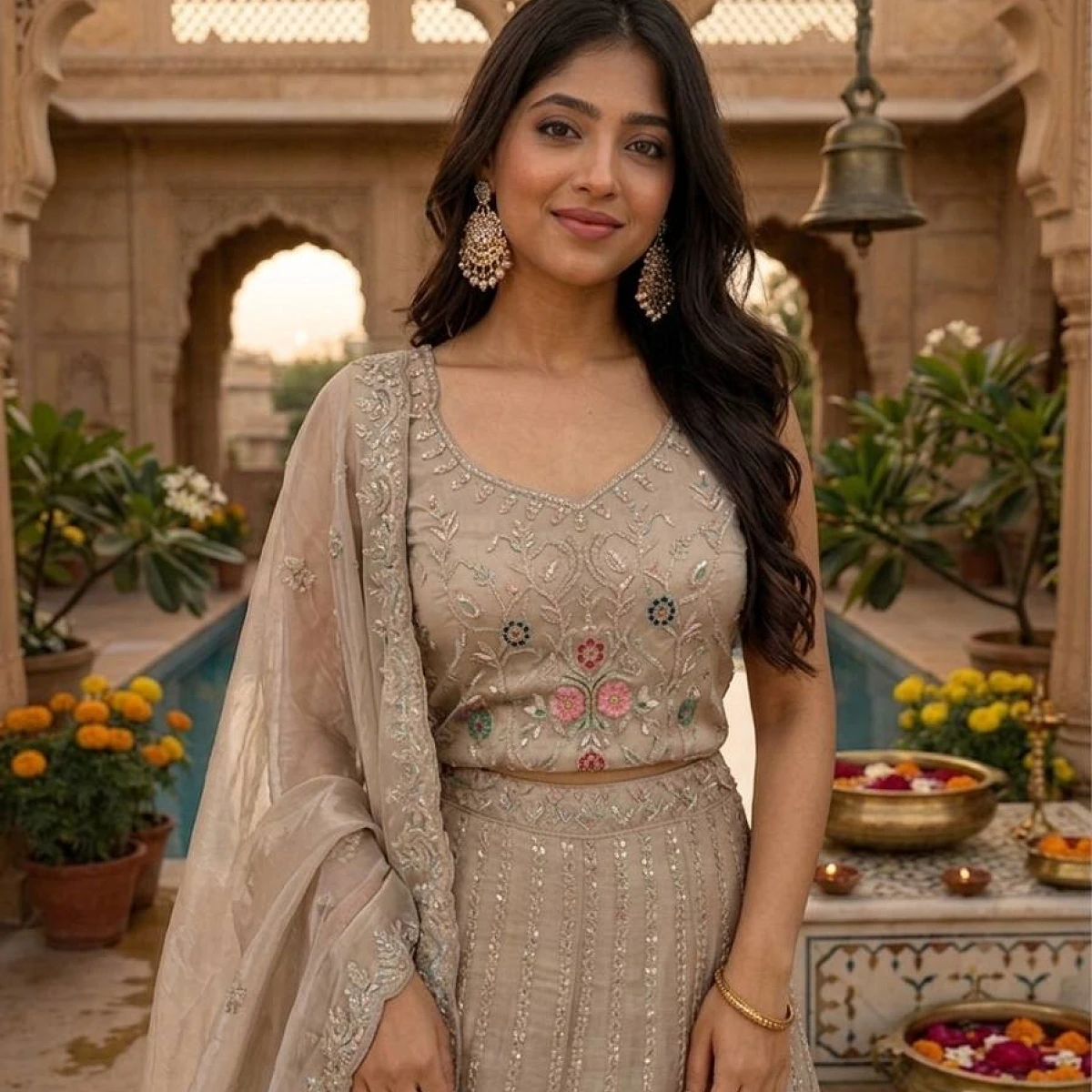 Elegant Embroidered Beige Anarkali Style Lehenga Set with Dupatta & Unstitched Blouse Piece
