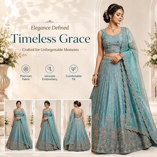 Preety Enterprise : Women’s Turquoise Blue Embroidered Lehenga Choli with Dupatta | Designer Ethnic Wear for Wedding, Party, Festive & Reception Occasions