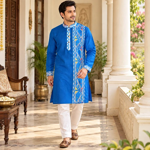 Royal Blue Folk Motif Panel Panjabi