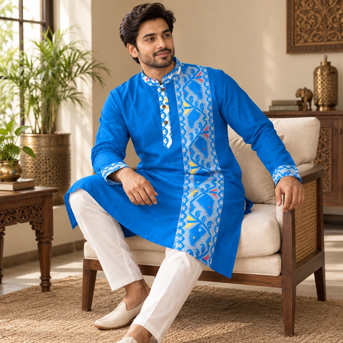 Royal Blue Folk Motif Panel Panjabi