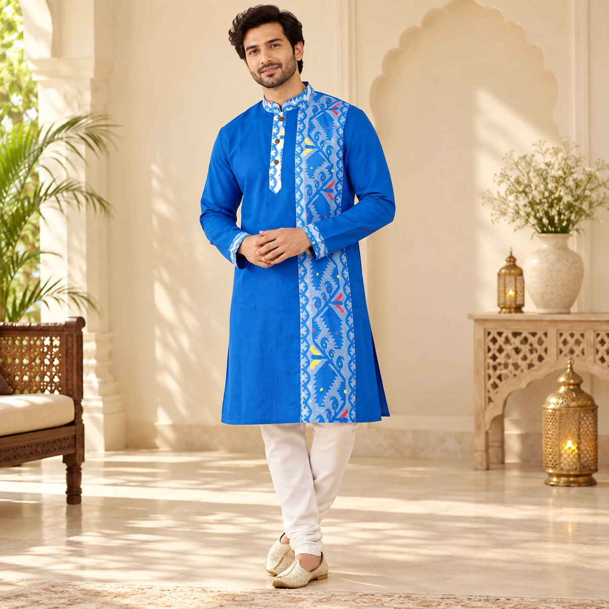 Royal Blue Folk Motif Panel Panjabi