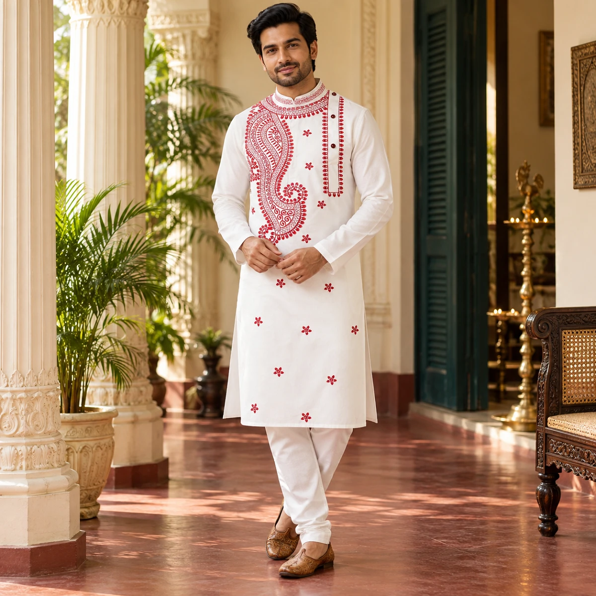 Raktima White Paisley Embroidered Panjabi