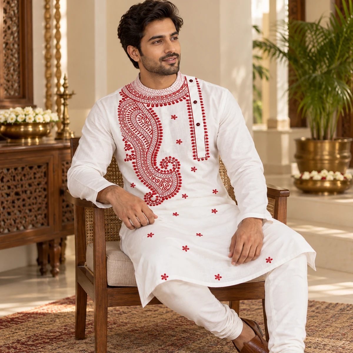 Raktima White Paisley Embroidered Panjabi