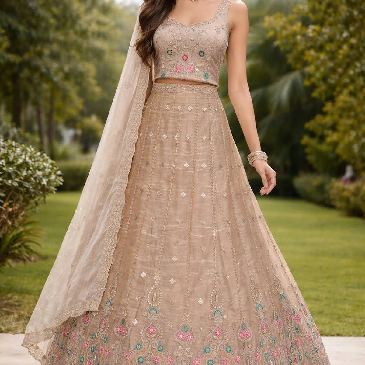 Designer Embroidered Beige Lehenga Choli Set with Dupatta & Unstitched Blouse Piece