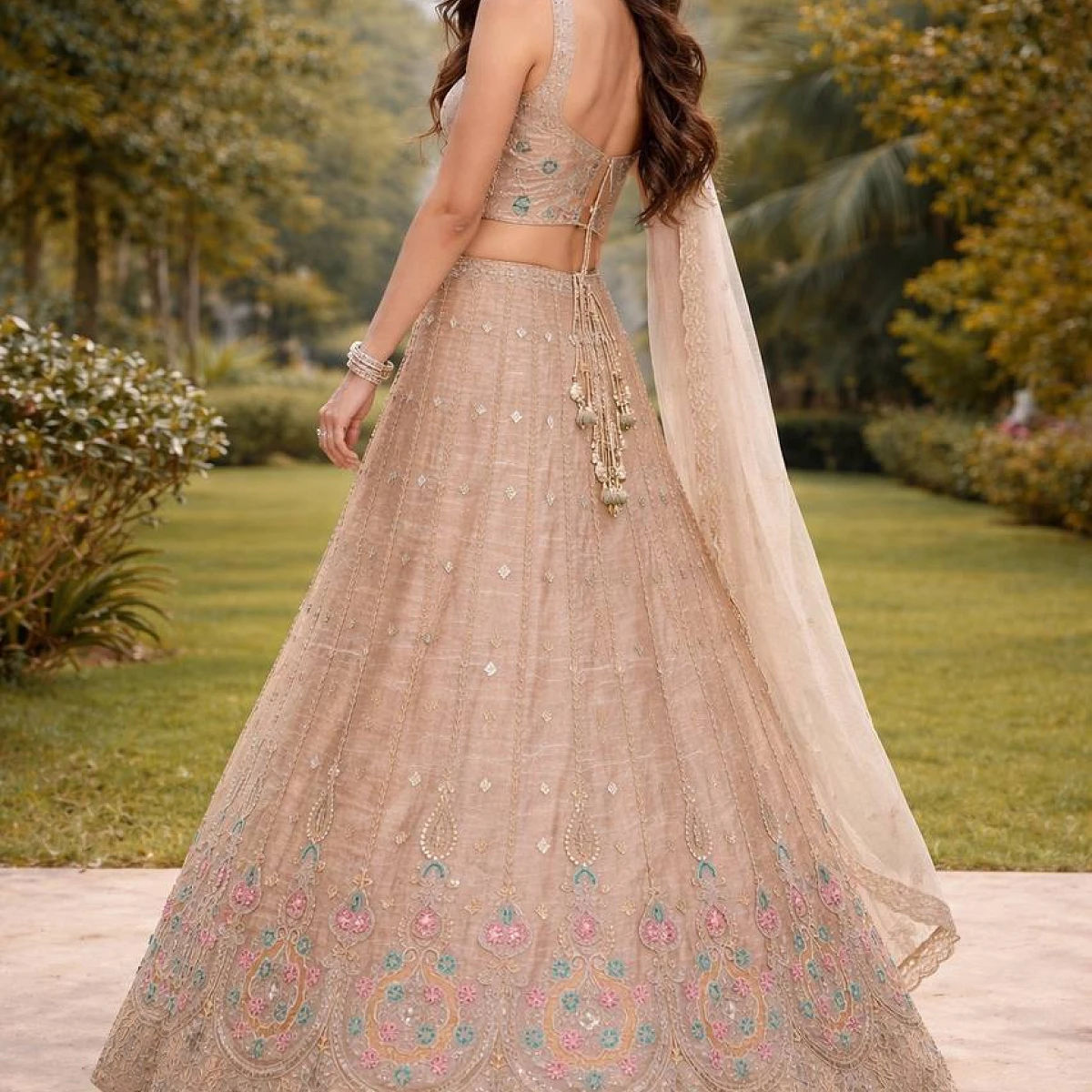Designer Embroidered Beige Lehenga Choli Set with Dupatta & Unstitched Blouse Piece