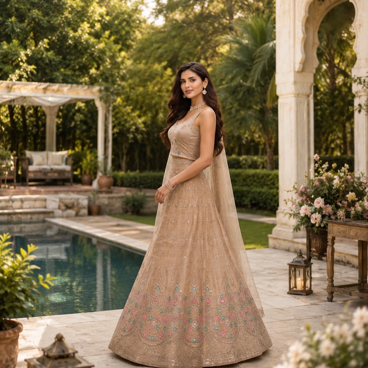 Designer Embroidered Beige Lehenga Choli Set with Dupatta & Unstitched Blouse Piece