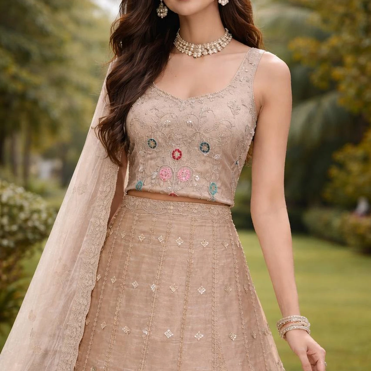 Designer Embroidered Beige Lehenga Choli Set with Dupatta & Unstitched Blouse Piece