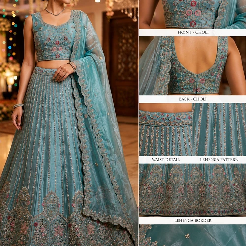 Designer Embroidered Turquoise Blue Lehenga Choli Set with Dupatta & Unstitched Blouse Piece