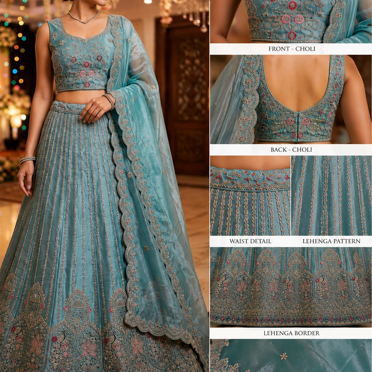Designer Embroidered Turquoise Blue Lehenga Choli Set with Dupatta & Unstitched Blouse Piece