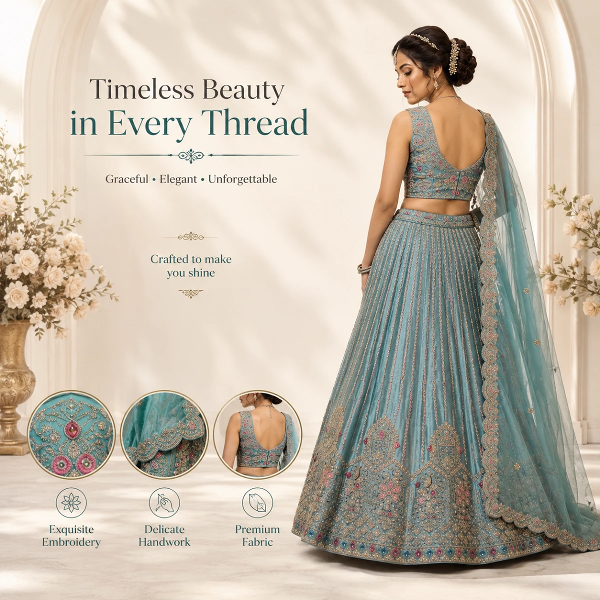 Designer Embroidered Turquoise Blue Lehenga Choli Set with Dupatta & Unstitched Blouse Piece