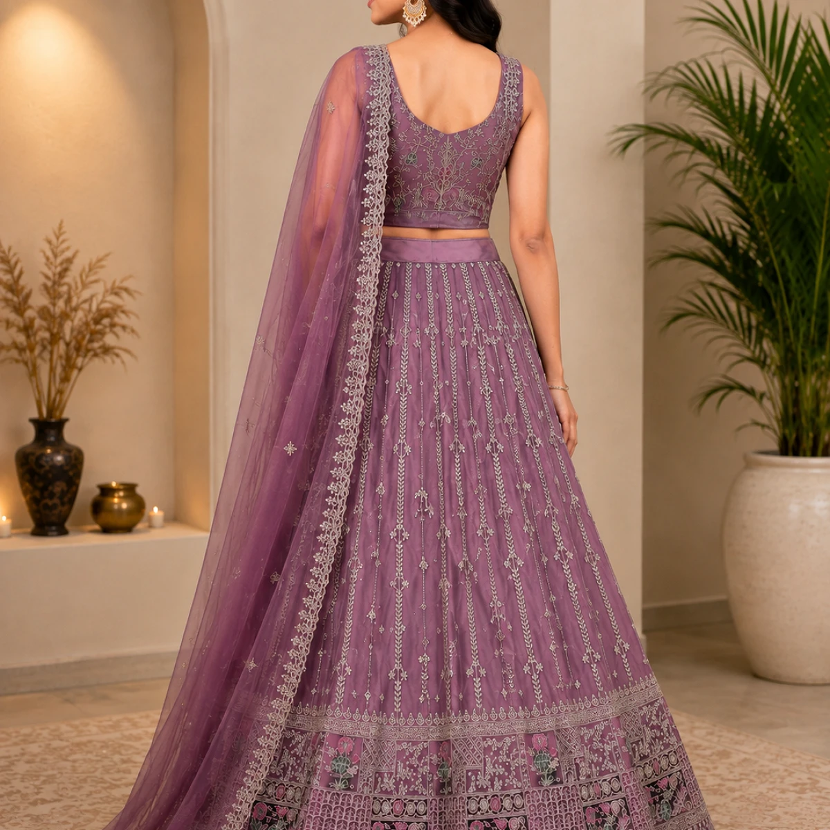Designer Embroidered Mauve Purple Lehenga Choli Set with Dupatta & Unstitched Blouse Piece