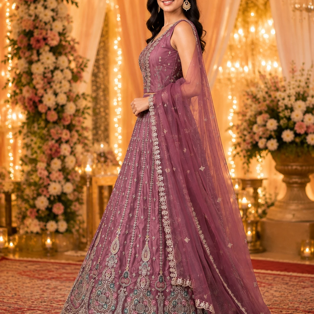 Designer Embroidered Wine Purple Lehenga Choli Set with Dupatta & Unstitched Blouse Piece