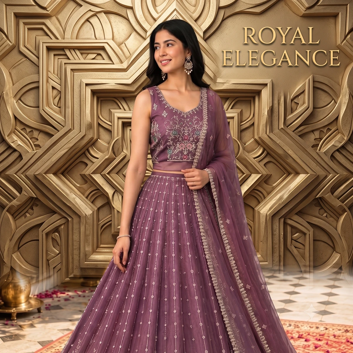 Women’s Designer Embroidered Wine Purple Lehenga Choli Set with Heavy Border, Matching Dupatta & Unstitched Blouse Piece for Wedding, Party and Festive Wear