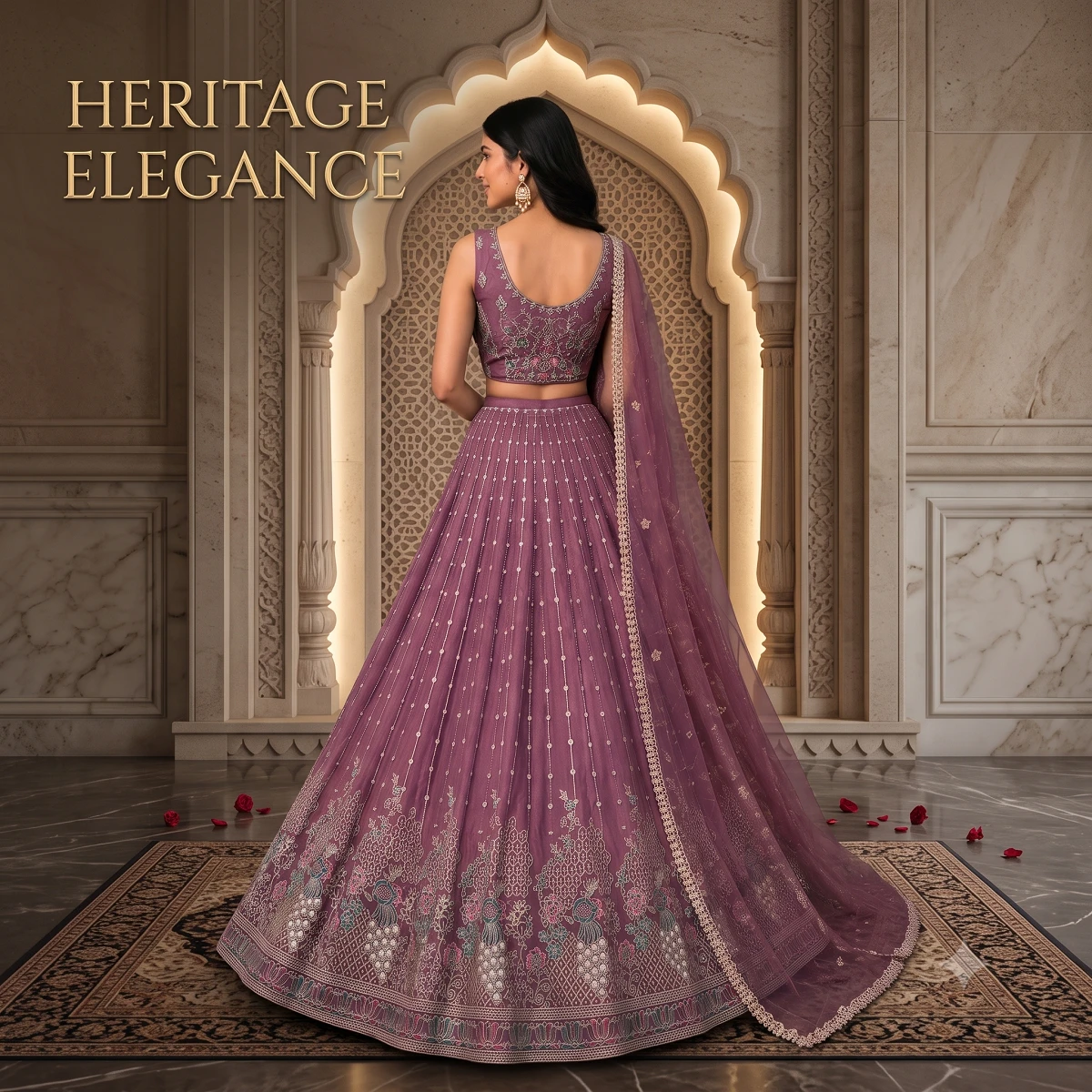 Women’s Designer Embroidered Wine Purple Lehenga Choli Set with Heavy Border, Matching Dupatta & Unstitched Blouse Piece for Wedding, Party and Festive Wear