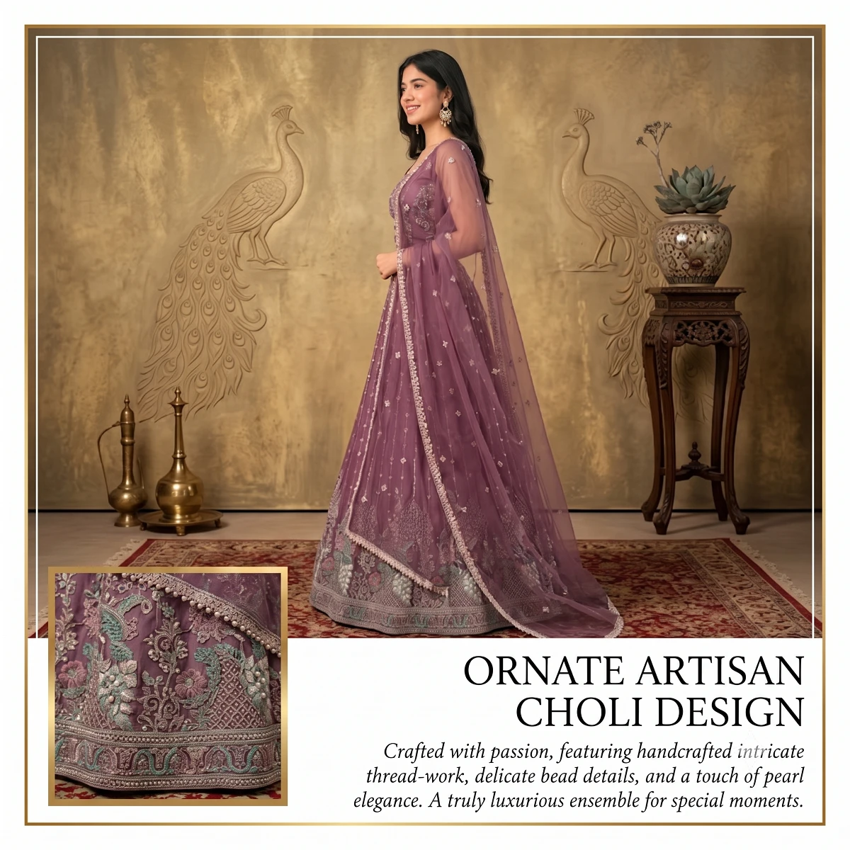 Women’s Designer Embroidered Wine Purple Lehenga Choli Set with Heavy Border, Matching Dupatta & Unstitched Blouse Piece for Wedding, Party and Festive Wear