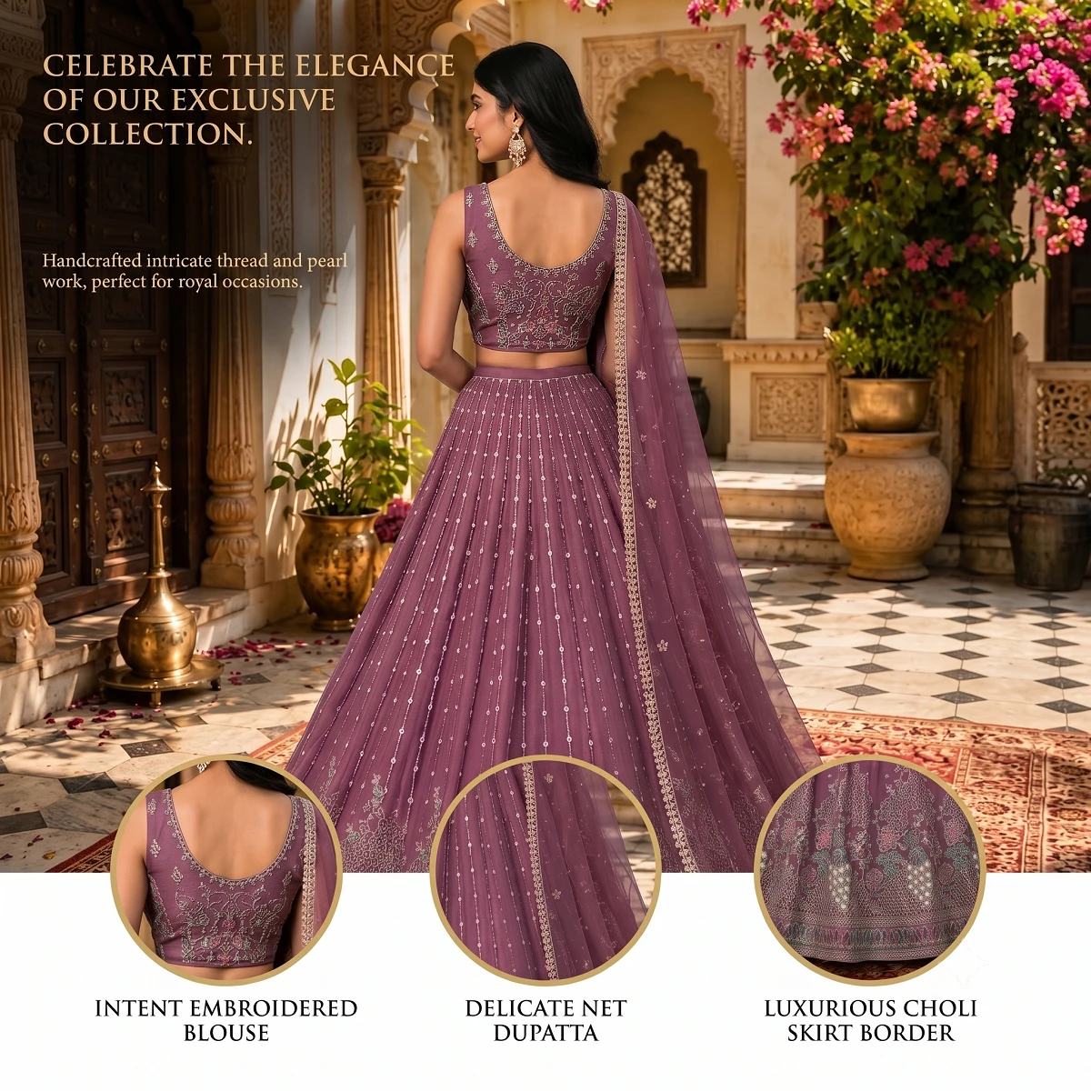 Women’s Designer Embroidered Wine Purple Lehenga Choli Set with Heavy Border, Matching Dupatta & Unstitched Blouse Piece for Wedding, Party and Festive Wear