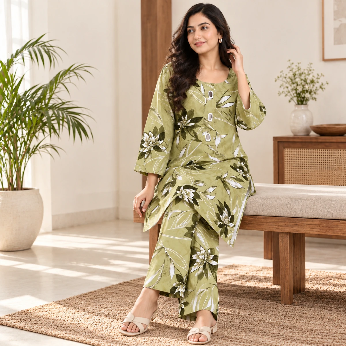 Olive Floral Kurta and Pants Set