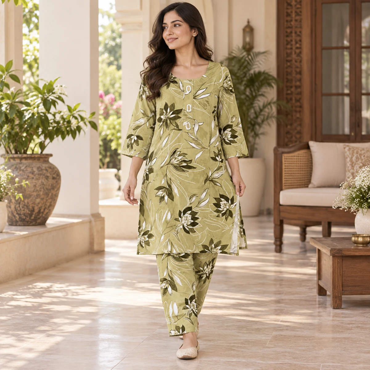Olive Floral Kurta and Pants Set