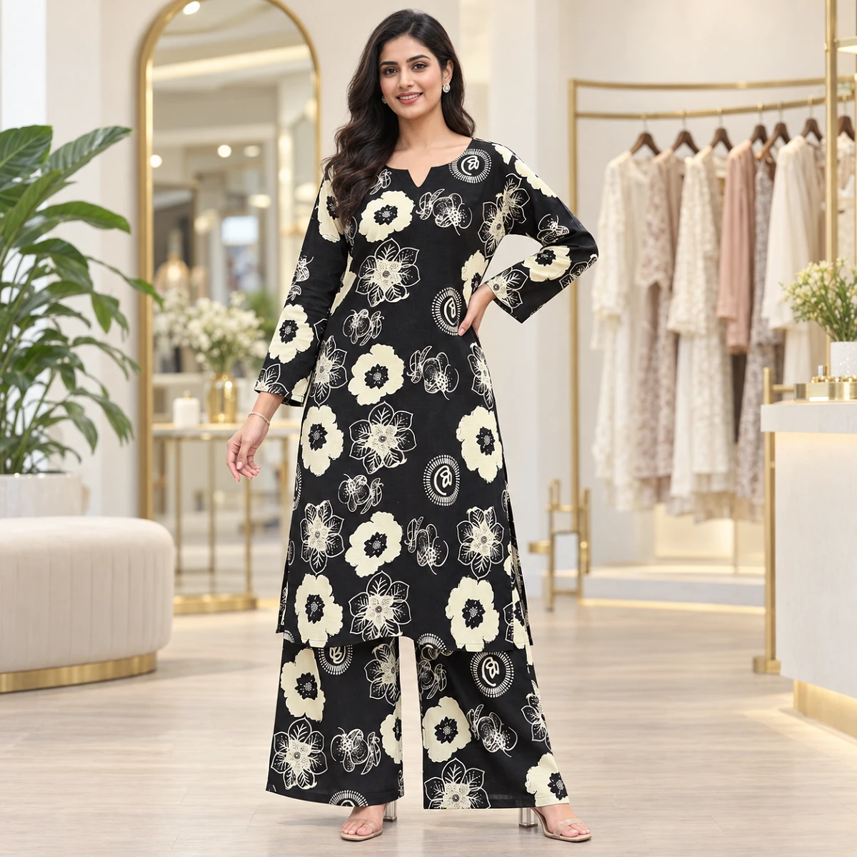Black and ivory floral kurti set
