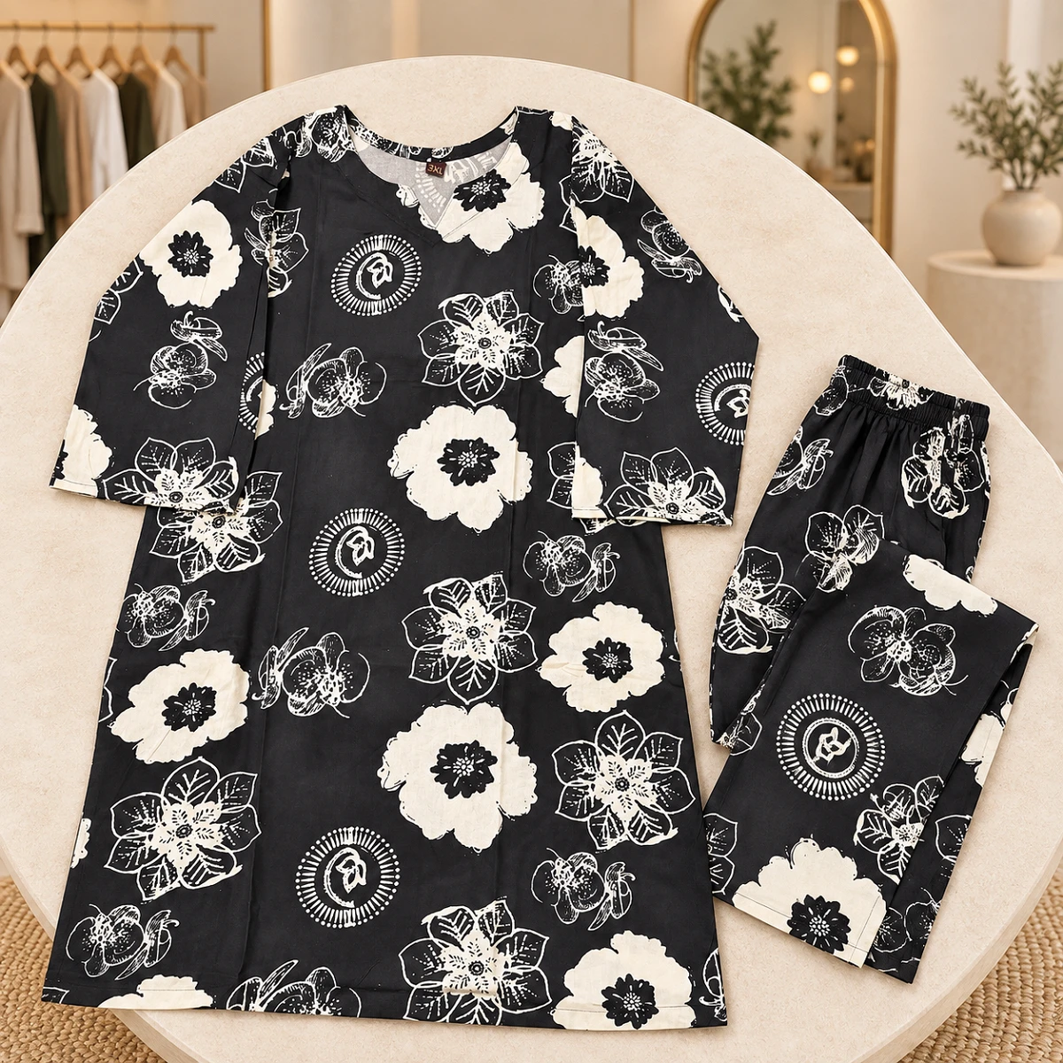 Black and ivory floral kurti set