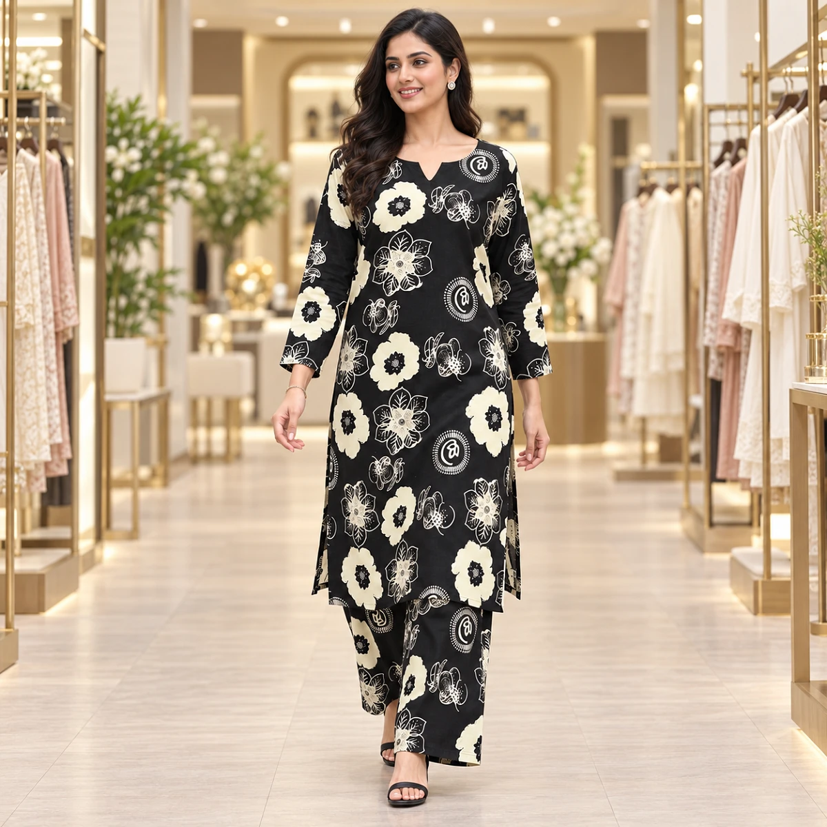 Black and ivory floral kurti set
