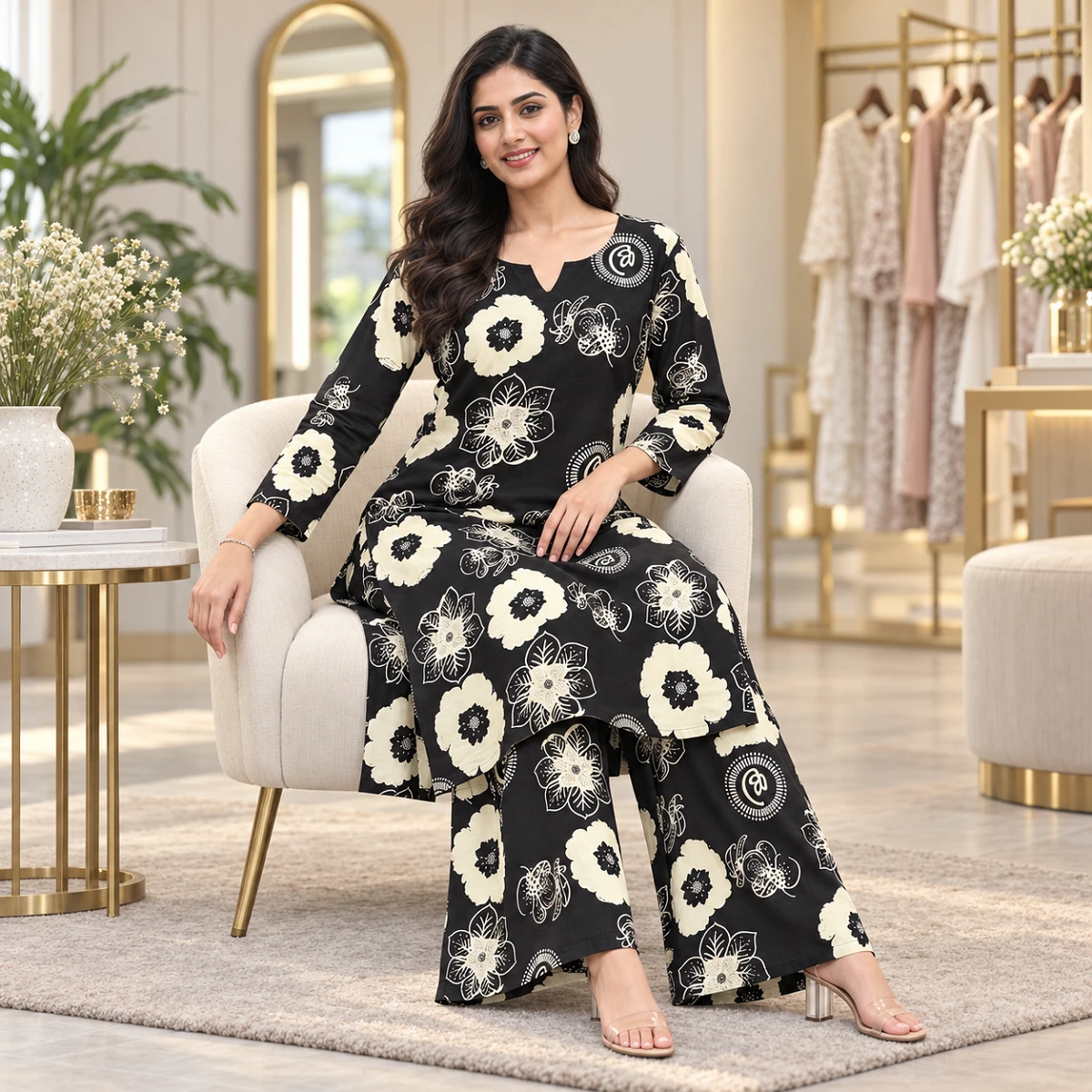 Black and ivory floral kurti set
